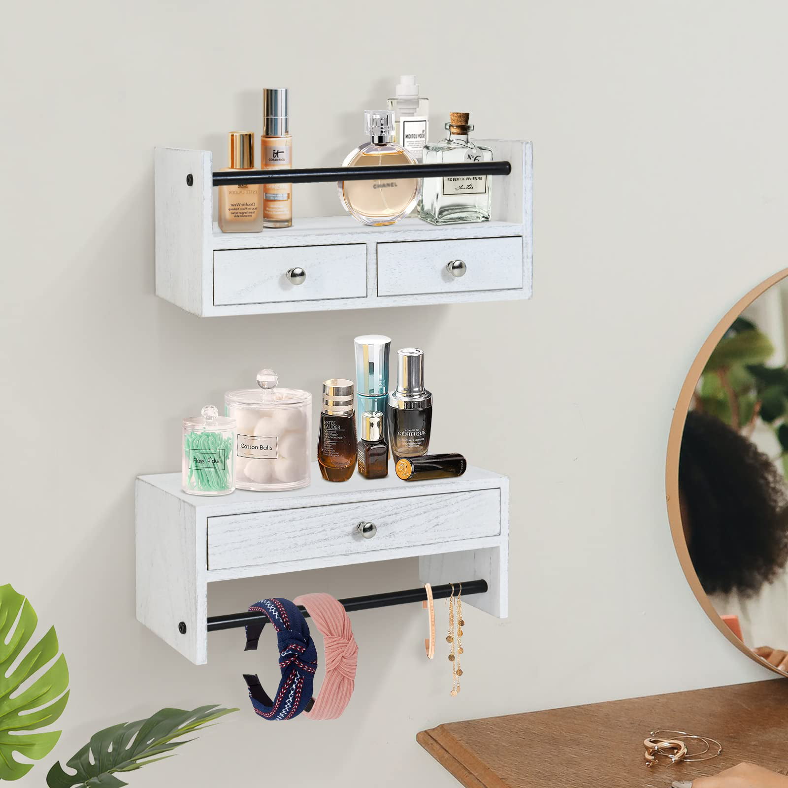 Y&ME YM Bathroom Shelf with Drawers Set of 2, Floating Nightstands for  Bedroom, Wall Drawer and Towel Rack Mounted, Bathroom, Living Room, Kitchen