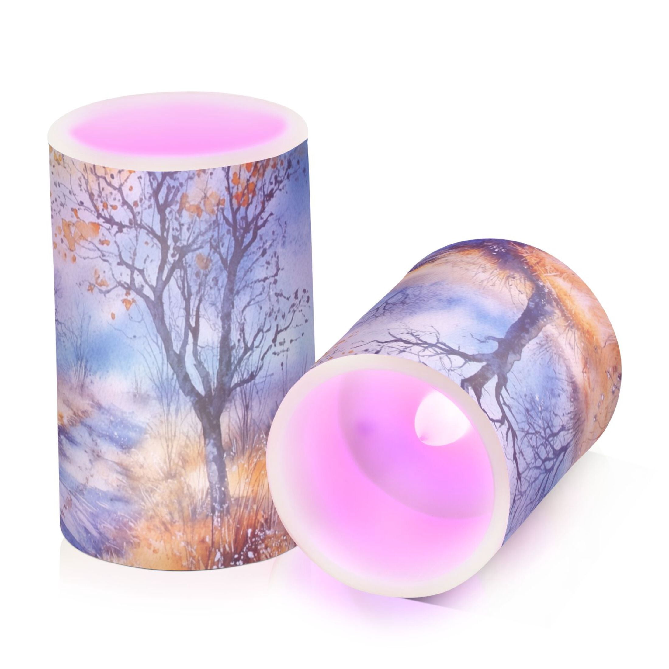 Watercolor Autumn Trees Flickering Flameless Candles Battery Operated with Remote Timer LED Pillar Candles Set of 2