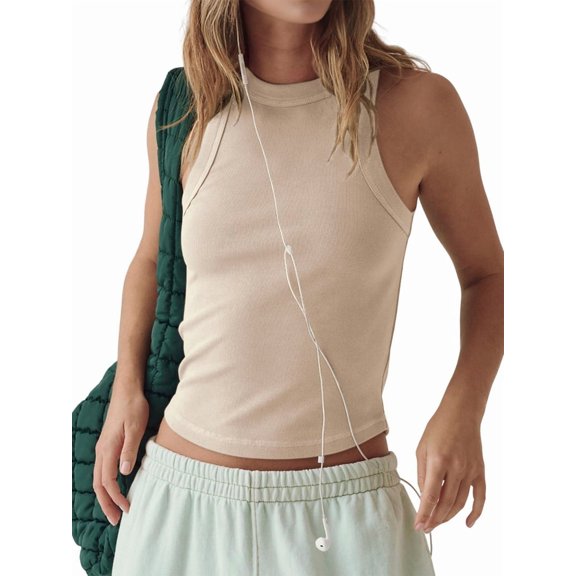 Women'S Sleeveless Full Length Ribbed Fitted Racerback Workout Crew High Neck Basic Tank Top  L