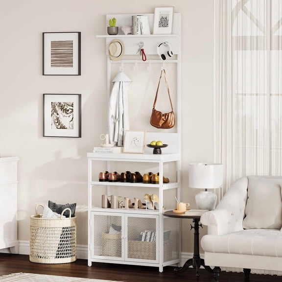 White Entryway Storage Hall Stand with Shoe Cabinet and Hooks, Tall Slim Coat Organizer for Bedroom Mudroom
