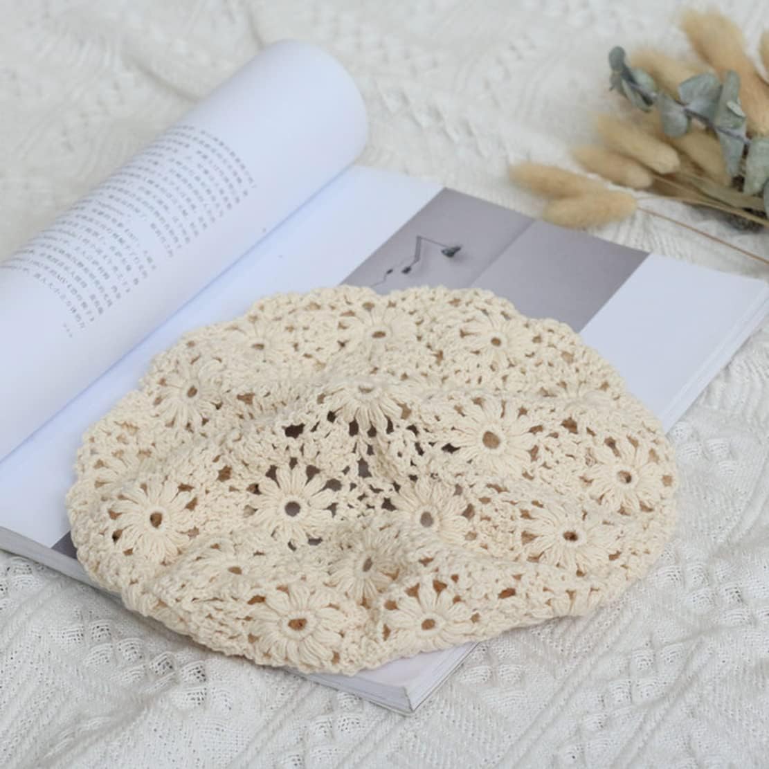 LinYooLi Hand Hook Hollowed-Out Chrysanthemum Beret, Hair Cap