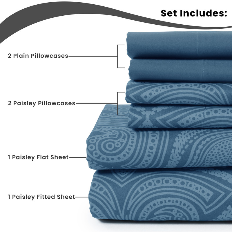 Lux Decor Collection Paisley Printed Queen Sheet Set, Navy photo 6