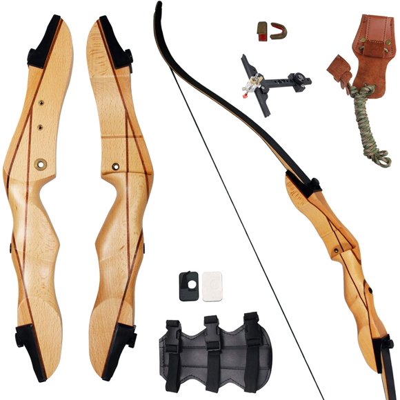 62" Recurve Bow Wooden Takedown Archery Bow 20 25 30 35 40lbs Draw Wight Included Arrow Rest Pad Stringer Tool String Nocks for Right and Left Hand