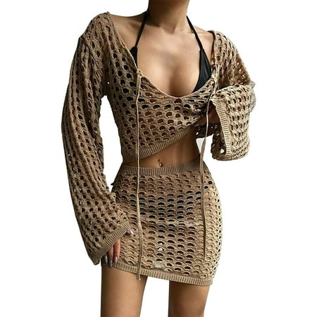 MSJUHEG Swimsuit Coverup for Women Long Swimsuit Coverup for Women Beach Cover Up Boho Swimsuits for Women Mesh Cover Up Two Piece Push Up Tankini Sets Plus Size Beachwear Swimsuit Bikini Coffee M