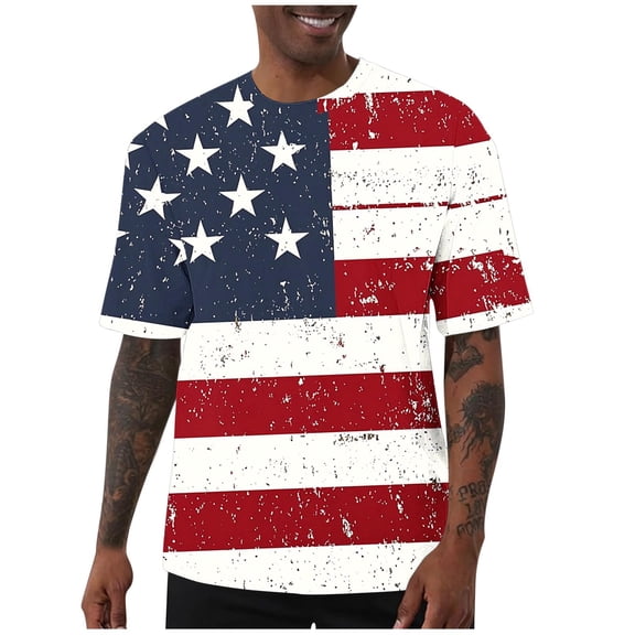 Men's American USA Flag Patriotic T Shirt with Short Sleeve Crewneck Casual Mens Graphic Tees Big and Tall Size S-5XL Blue