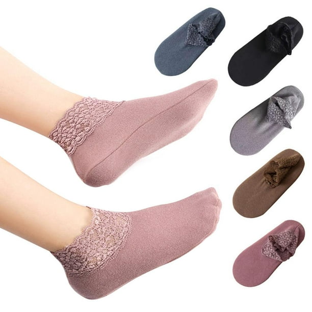 5 Pairs Women s Ankle Socks Winter Lace Frilly Non Slip Crew Socks Low Cut  Warm Ankle Boot Socks for Ladies