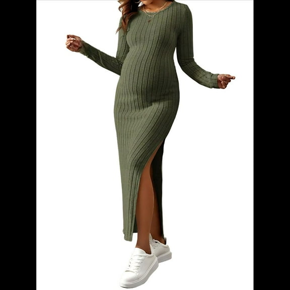 Long Sleeve Sweater Dress for Fall Winter Baby Shower & Photoshoot - Women'S Pregnancy Maternity Dresses Green M