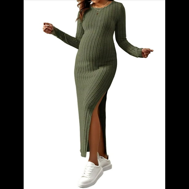 Vestido de Suéter de Larga para Baby Shower y Sesión de Fotos de Otoño e Invierno - Vestidos de Maternidad para Mujeres Embarazadas Verde S