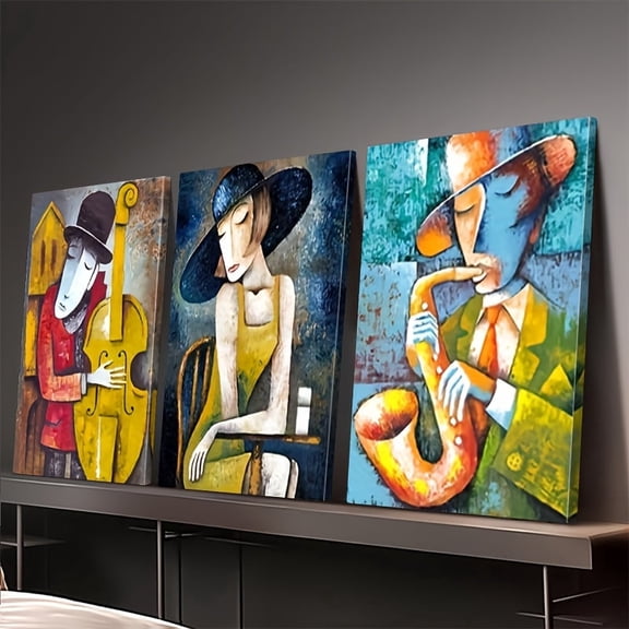 Framed, 3pcs Canvas Art Print Set, Modern Classic Art Deco Style, Framed Painting Posters for Home Office, Living Room, Bedroom - Indoor Portrait Wall Art with Cartoon Patterns,