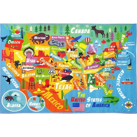 KC CUBS Playtime Collection USA United States Geography Map Educational Learning Area Rug Carpet for Kids and Children Bedrooms and Playroom (3'3