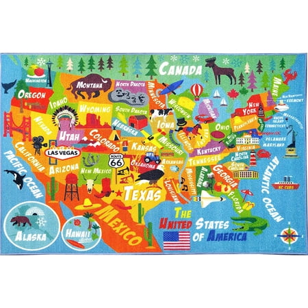 Kids Rugs KC CUBS Playtime Collection USA United States Geography Map Educational Learning Area Rug Carpet for Kids and Children Bedrooms and Playroom (3'3