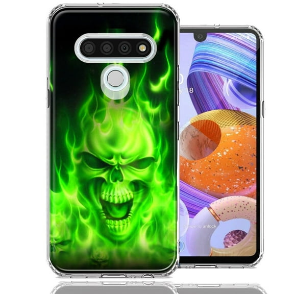 MUNDAZE For LG K51 Green Flaming Skull Design Double Layer Phone Case Cover
