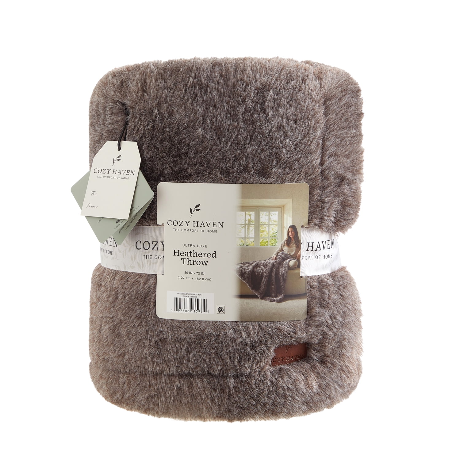 Cozy Haven Luxury Heathered Cationic Faux Fur Oversized Couch Throw Blanket, Brown, 50 x 72 in