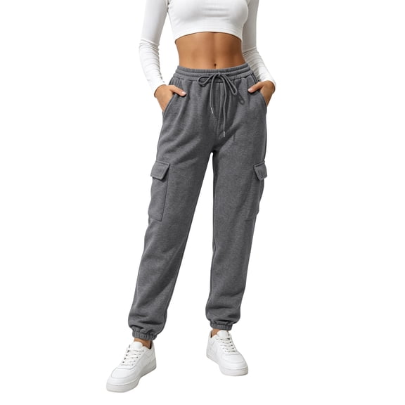 TEMOFON Sweatpants for Women Cargo Drawstring Joggers with Pockets Elastic Waistband Fall Pants Fleece Lined Thermal Trousers Dark Grey L