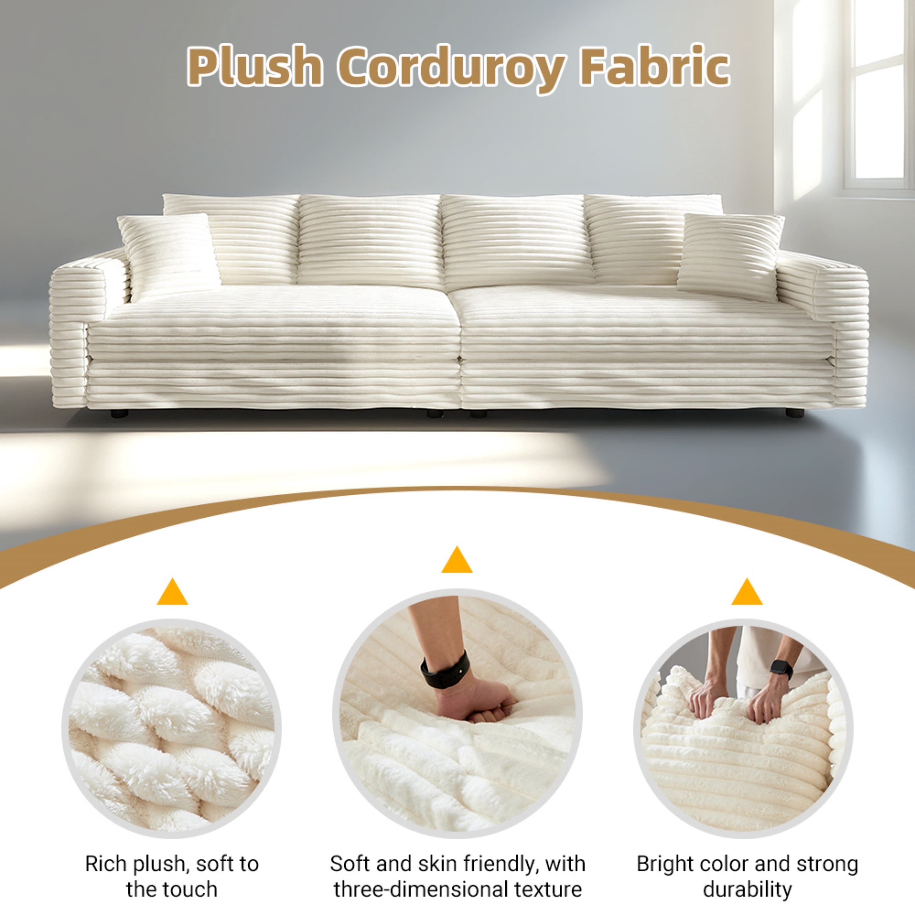 Alvantor 4-Seat Sofa with Movable Ottomans 102" W Corduroy Upholstered Deep Seat Couches L Shaped Convertible Chaise for Living Room, Apartment Beige