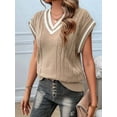 thumbnail image 4 of Oversized Sweater Vest for Women V Neck Cap Sleeve Cable Knit Vest Loose Striped Pullover Tank Tops Khaki S, 4 of 8