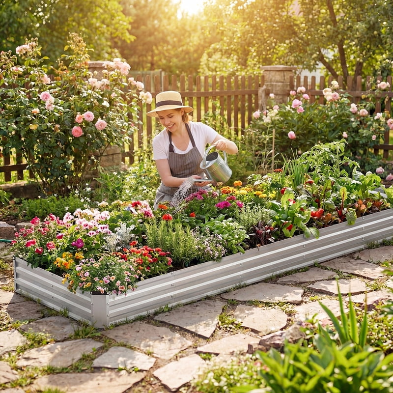 Gianna Metal Raised Garden Bed 2pcs Set, 12x4x1ft Outdoor Planter Box,Raised Garden Beds for Planting Plants Vegetables, Flowers, Silver