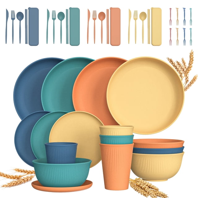 GPED 48 Pzas de Vajilla de Paja de Trigo para 4, Vajilla Irrompible, Platos y Tazones Reutilizables de Paja de Trigo, Juego de Cubiertos para Acampar, Apto para Lavavajillas y Microondas, Colorido