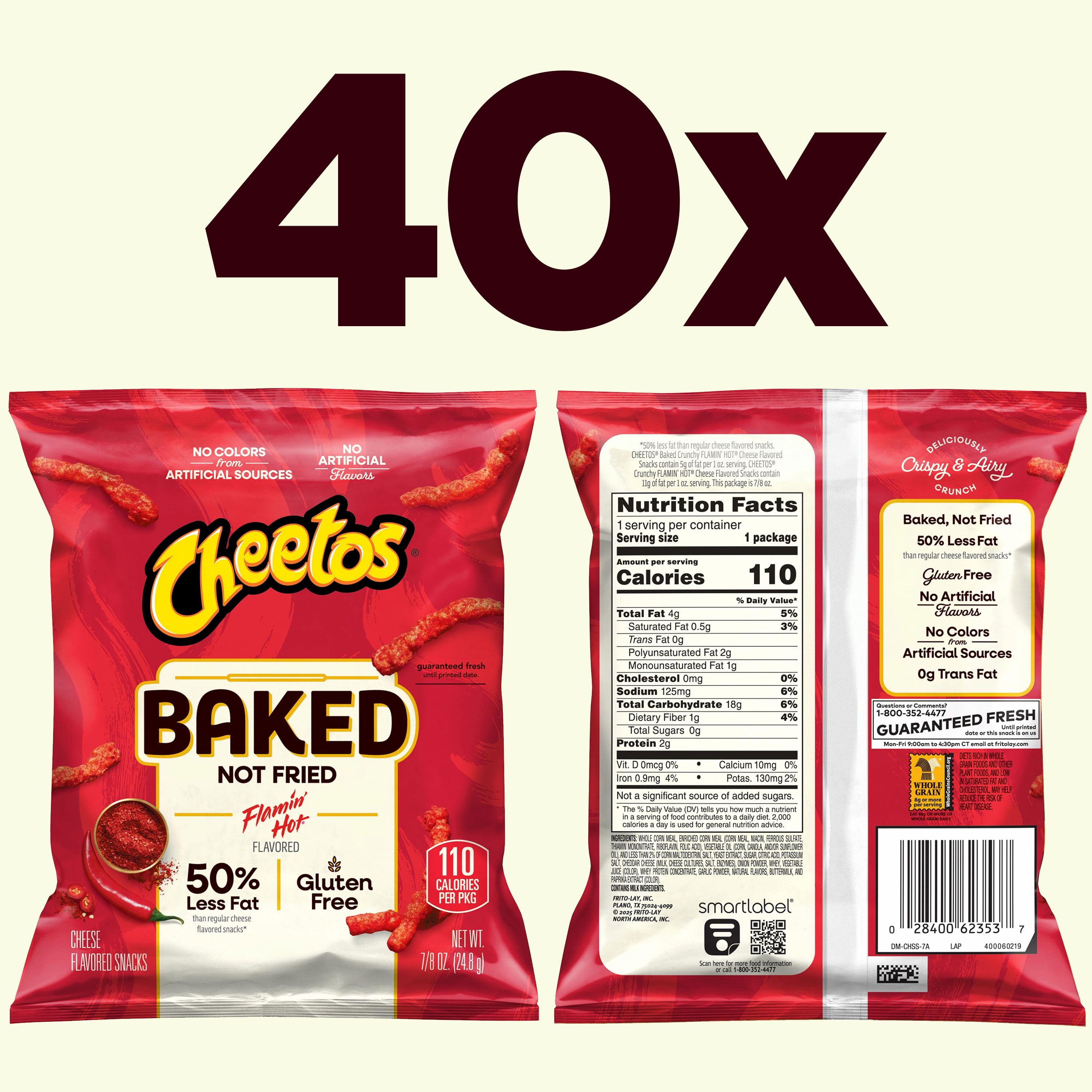 Baked Cheetos Crunchy 50% Less Fat Flamin’ Hot Cheese Flavored Snacks Bag, 1 oz 40 pack