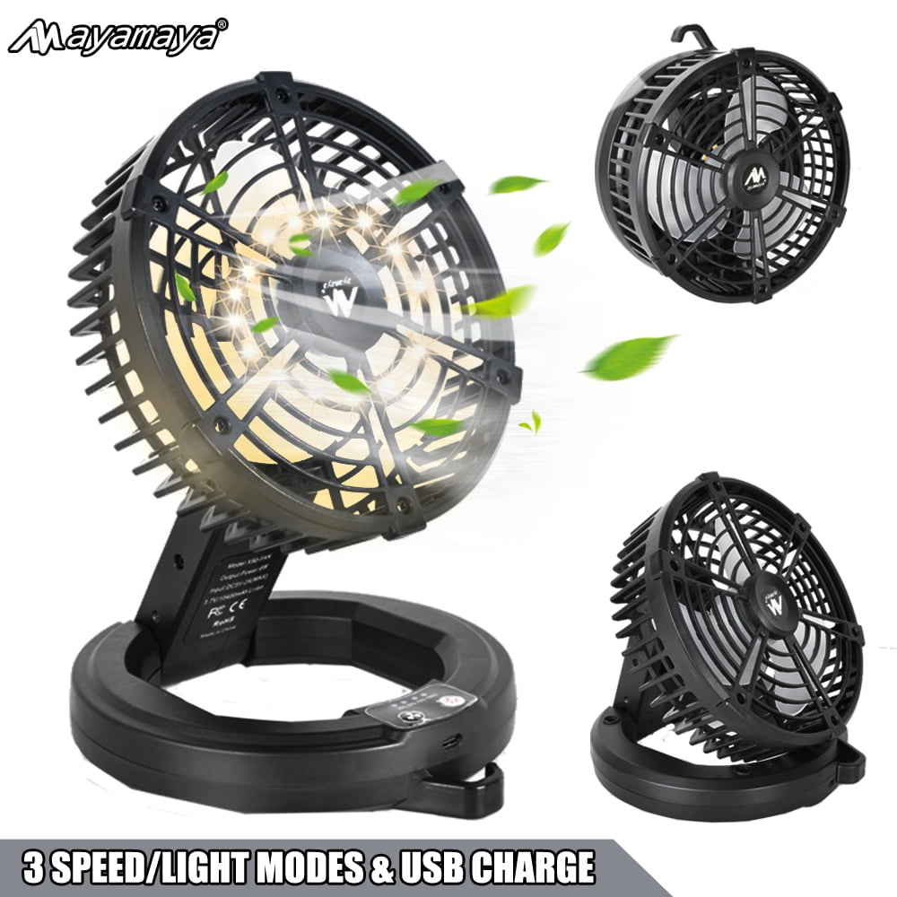 AYAMAYA USB Rechargeable Camping Fans with LED Light, 180 Foldable Portable Fan with 10400mAh & 3 Speed/Light Modes, Outdoor Tent Fans with Hanging Hook for Camping Fishing Office