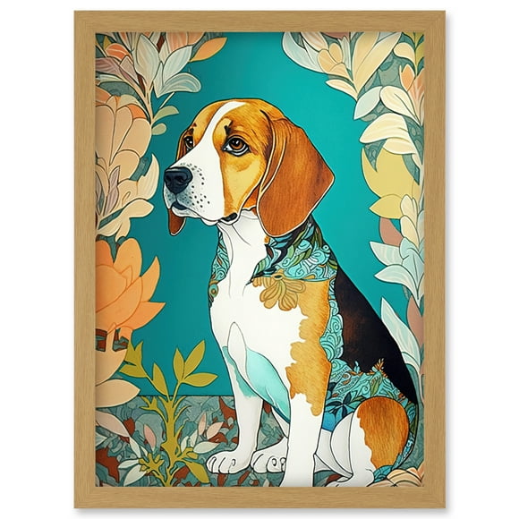 Beagle Dog With Floral Frame and Ornate Fur Coat Colourful Modern Art Nouveau Illustration Artwork Framed Wall Art Print A4