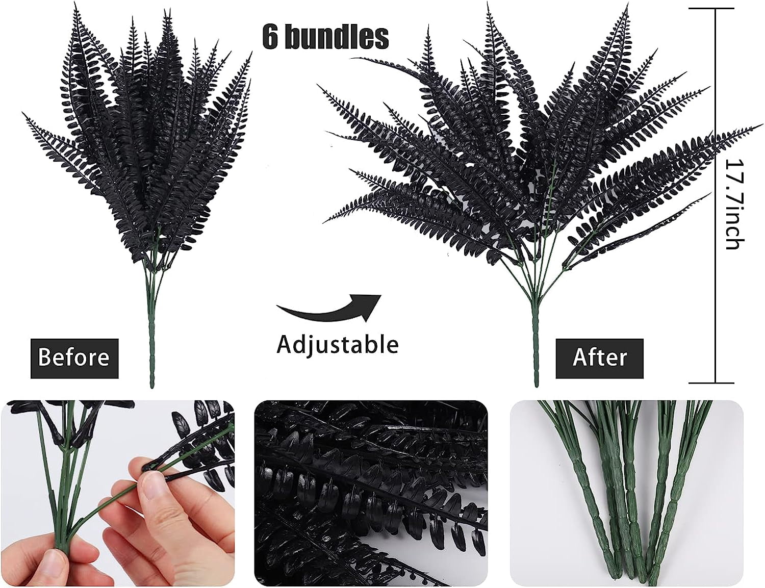 Asisol 4Pcs Artificial Boston Fern Plants Outdoor UV Resistant Artificial Shrubs Greenery Fake Leaves Plants Bushes Office Porch Garden Outdoor Decor (Black)