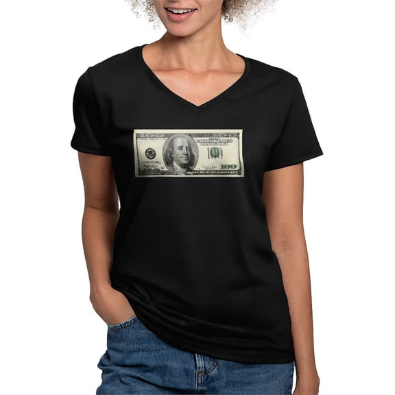 CafePress - 100 Dollar Bill T Shirt - Women's V-Neck Dark T-Shirt
