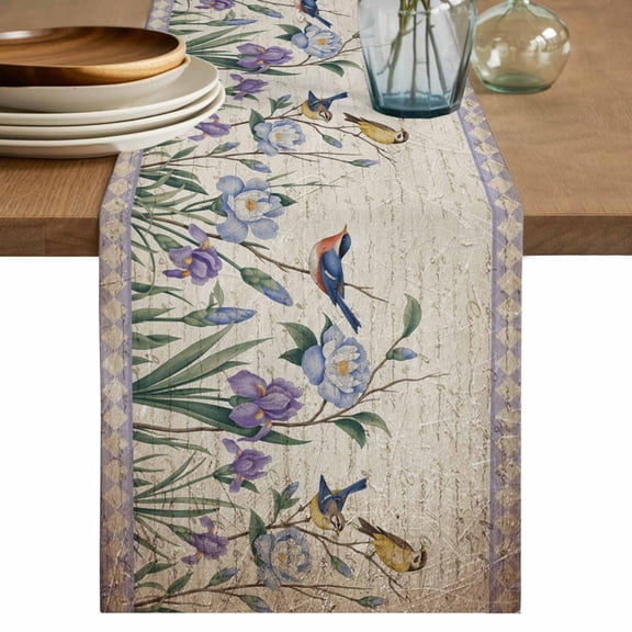 Spring Flowers Table Runner 72 Inches, Vintage Floral Leaves Birds Pastoral Botanical Bed Runner Dresser Scarves Tabletop for Indoor Outdoor Parties/Ceremony/Banquet, 18" x 72"