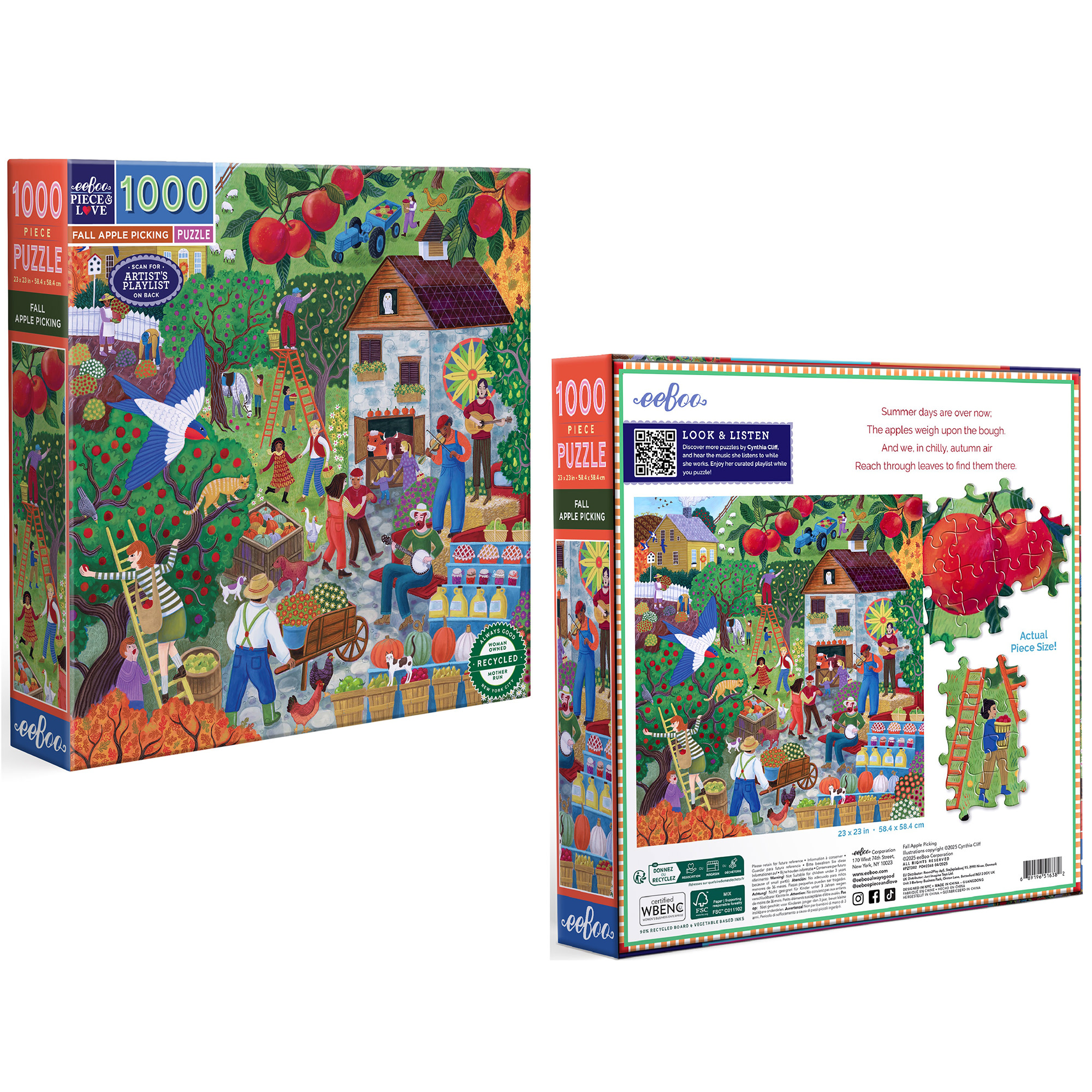 eeBoo Piece & Love: Fall Apple Picking - 1000 Piece Puzzle - 23" Square Adult Jigsaw, Cynthia Cliff's Autumn Harvest Scene, Eco-Friendly, Image Insert