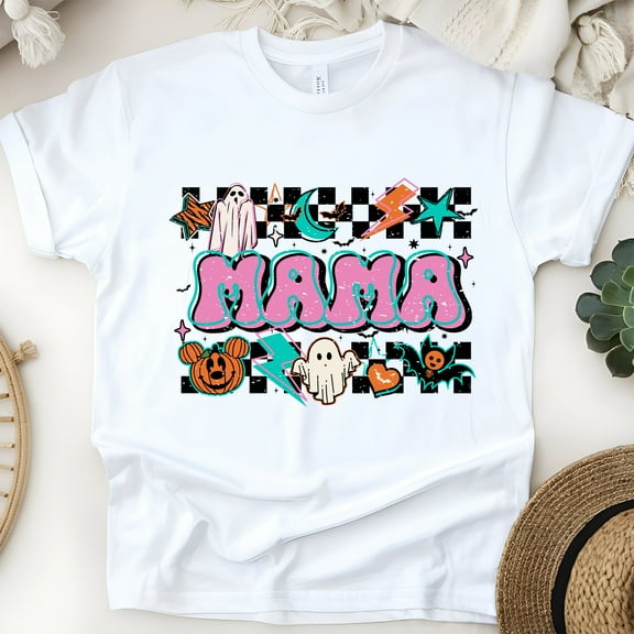 Mama Graphic T-Shirt | Cute Spooky Checkered Print Tee for Women, White, Size S