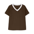 thumbnail image 4 of TEAJOPSUU Women's 100% Cotton Tops Short Sleeve Lace Tirm V Neck T Shirts Casual Loose Fit Summer Blouses Coffee, 4 of 6