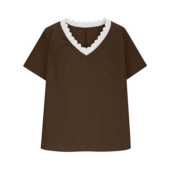 Craaazy Women's Comfy Breathable Cotton Short Sleeve Top with Lace V-Neck Detail for Everyday Wear and Office Casual Outfits