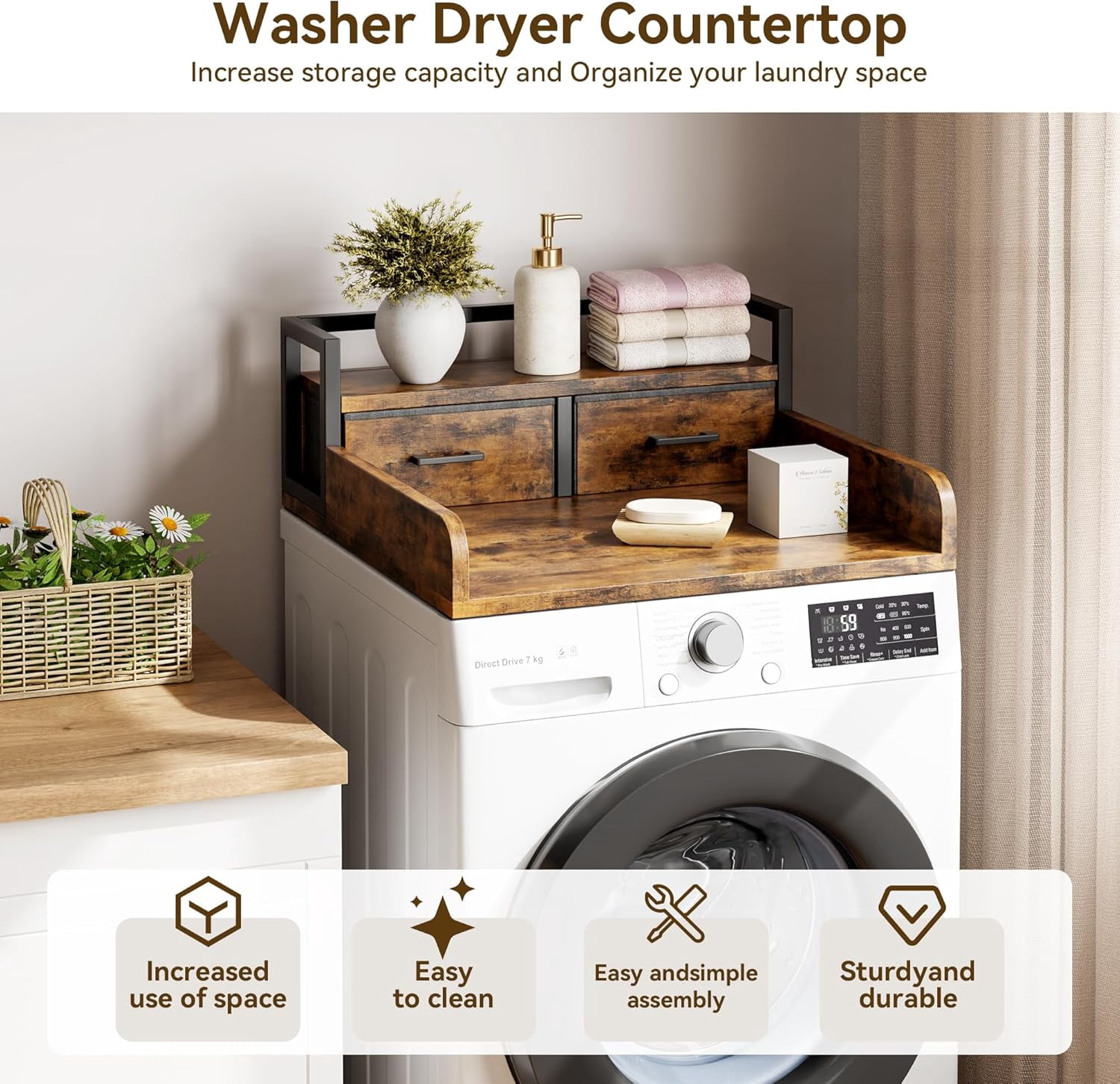 2-Tier Washer and Dryer Countertop with Shelf or Drawers, Laundry Countertop Cover with Non-Slip Pad, 54"X27.5" Laundry Topper for Folding Clothes Over Washer and Dryer, Retro