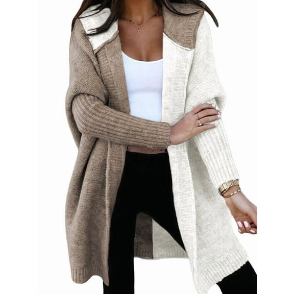 Women Fall and Winter Open Front Long Sleeve Hooded Knit Cardigan Color Block Outwear Coats Khaki & White M