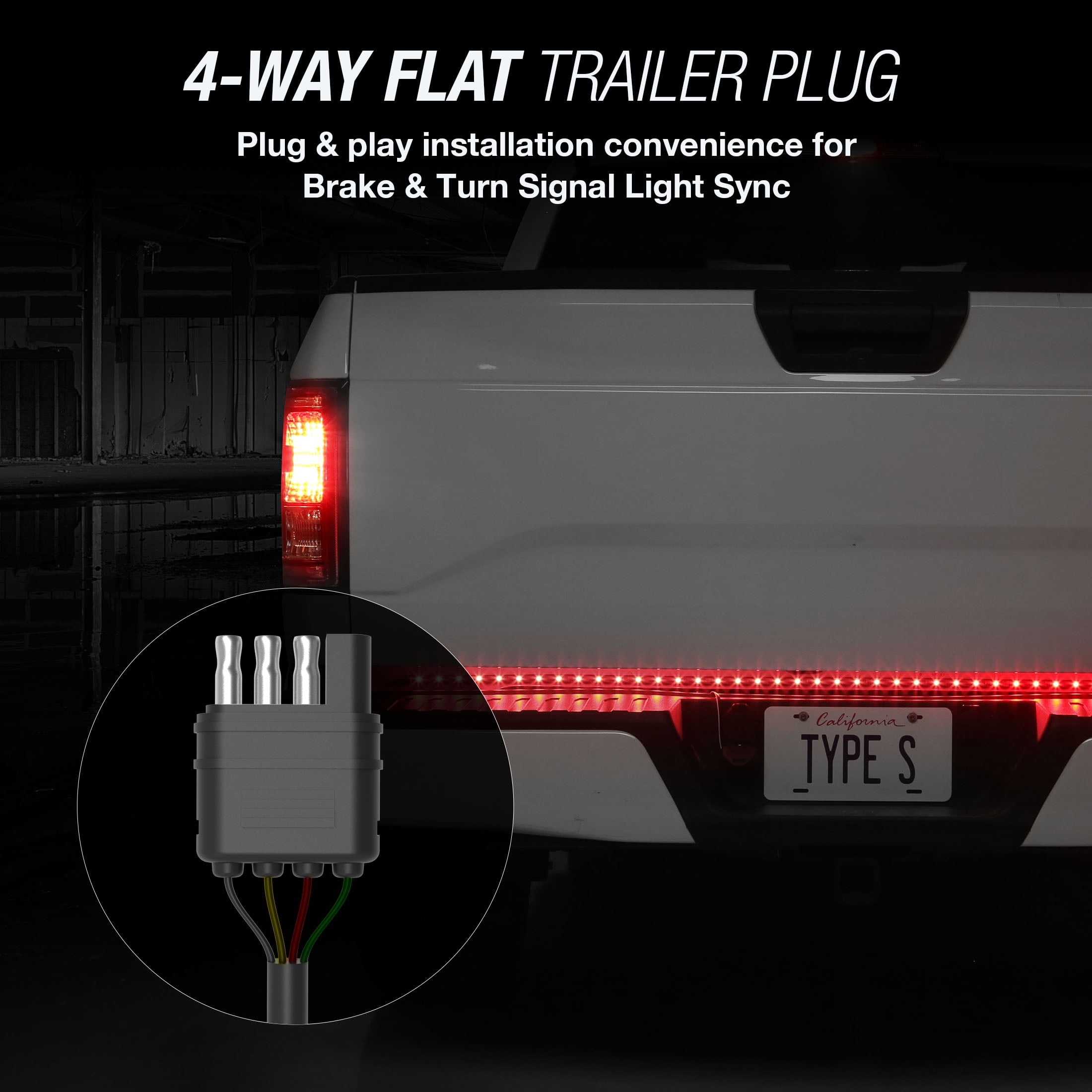 (2 pack) TYPE S - Tailgate LED Strip - 4-Pin Trailer Plug, Red Brake and Running Lights, Amber Turn Signal Indicators, IP65, 3M Adhesive, 1 x 48" Strip, 48 inches