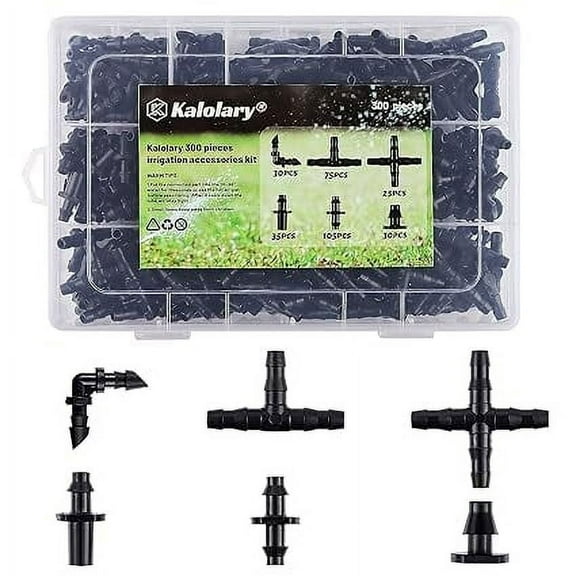 Kalolary 300 Piece Barbed Connectors Irrigation Fittings Kit, Drip Irrigation Barbed Connectors for 1/4" Tubing – Ideal for Flower Pots, Gardens, and Lawns