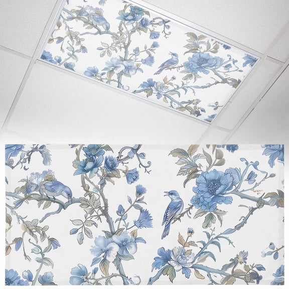 1 Pack Chinese Style Fluorescent Light Covers for Ceiling Lights Blue Flowers and Birds Figure Magnetic Ceiling Light Covers Overhead Light Filters for Office Classroom Home