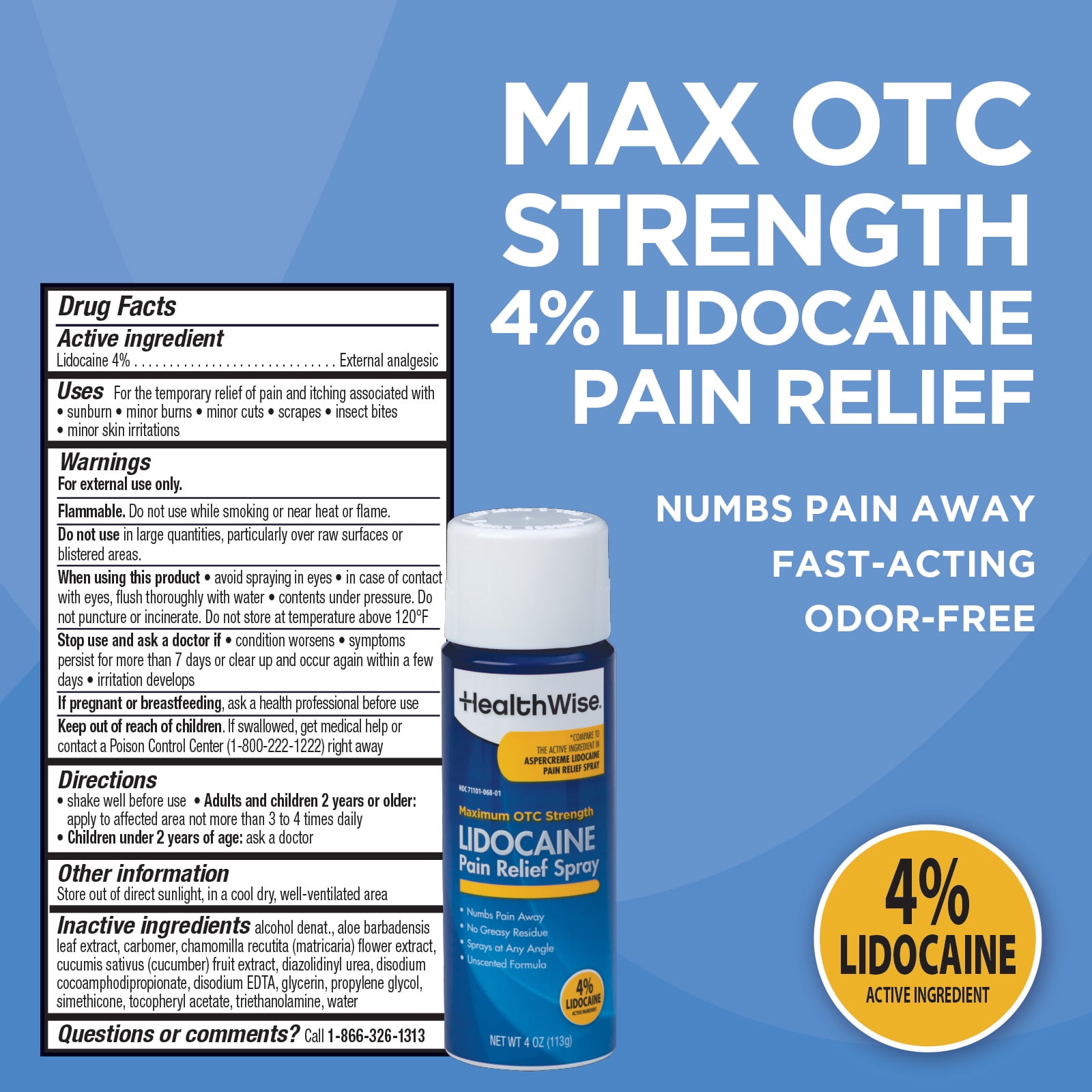HealthWise 4 % Lidocaine Pain Relief Spray | OTC Strength | 4 oz. 133 mL | Non-Greasy, Unscented | Immediate Penetrating Action | Sprays at Any Angle
