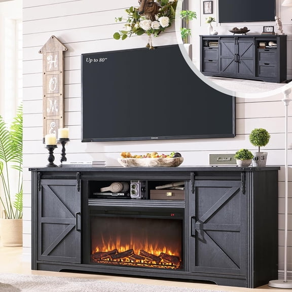 Farmhouse Fireplace TV Stand for 80 Inch TV, 32" Tall Entertainment Center w/Drawer & Sliding Barn Door, 70 Inch Highboy Media Console for Living Room, BlackFireplace