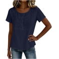 thumbnail image 6 of VBVC Women's Floral Embroidered Cotton-Linen Blouse , Ladies' U Neck Short Sleeve Top , Summer Boho Shirts For Women,Navy,S-2XL, 6 of 7