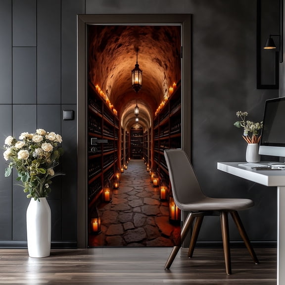 Door Stickers Peel and Stick Door Mural Ambient Wine Cellar Candlelit Aisles Stone Archway Removable Wallpaper 30.3''x78.7'' Self-Adhesive Mural for Kitchen Living Room Bedroom Decor