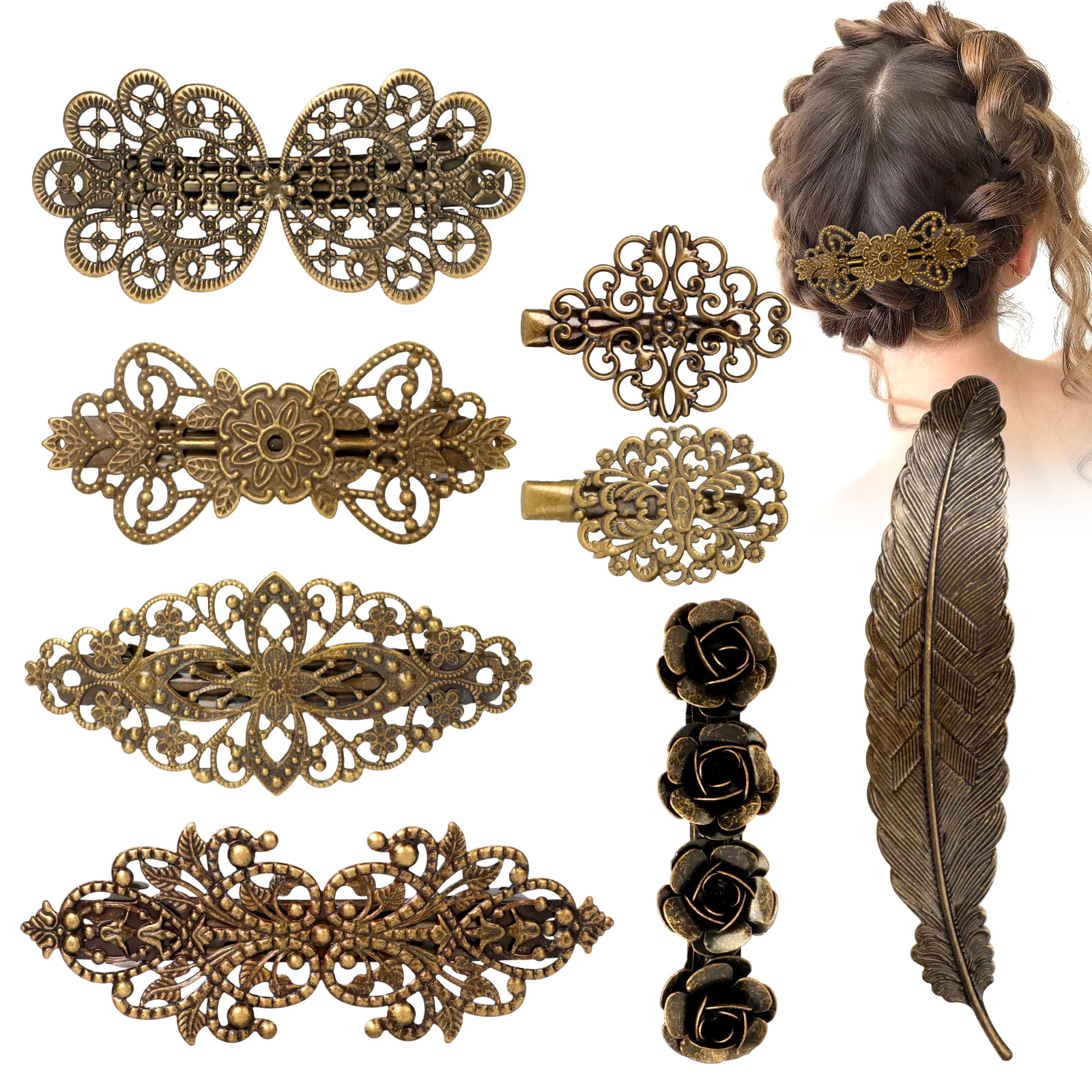 8 PCS Vintage Hair Barrettes French Retro Hair Clips Metal Bronze Color Vintage Flower Vine Feather Leaf Hair Clips Set Bridal Wedding Hairpins Vintage Hair Accessories For Women Girls Gifts