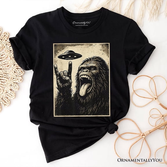 Bigfoot UFO Funny T-Shirt, Rock and Roll Sasquatch Meme Tee