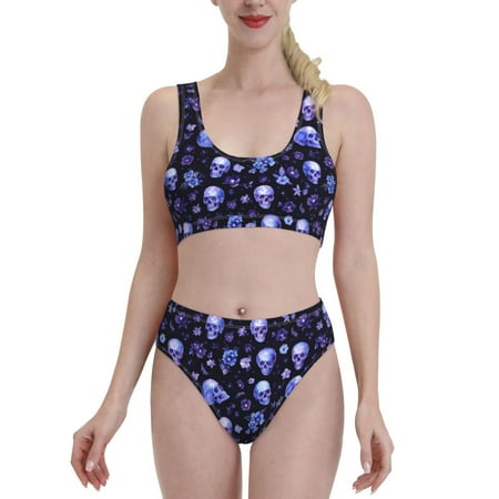 High Waisted Bikini Sets For Women  Skull Flower Leaf Purple Two Piece Swimsuit Sporty Scoop Neck Bathing Suit