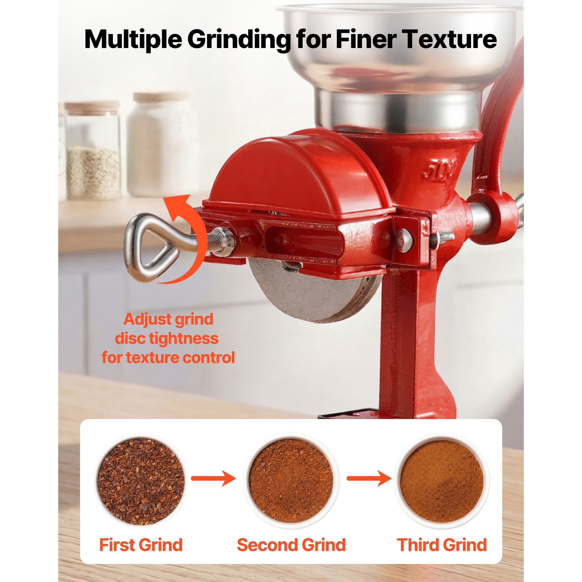 Manual Grain Mill with Low Hopper, Cast Iron, Adjustable Fineness, Table Clamp, for Grains Corn Coffee Beans Spices