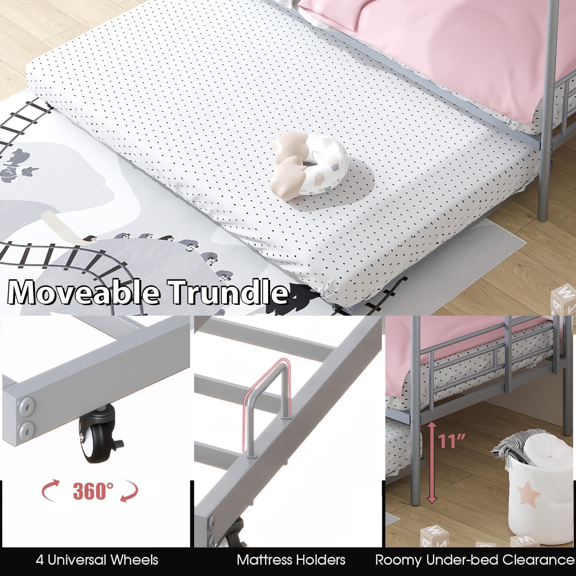 uhomepro Metal Twin Over Twin Bunk Beds with Trundle Bed, Twin Bunk Beds for Kids Adults Teens, Bunk Bed Can Be Divided Into 2 Twin Beds with Trundle, 2 Ladders, No Box Spring Need, Silver - image 5 of 13