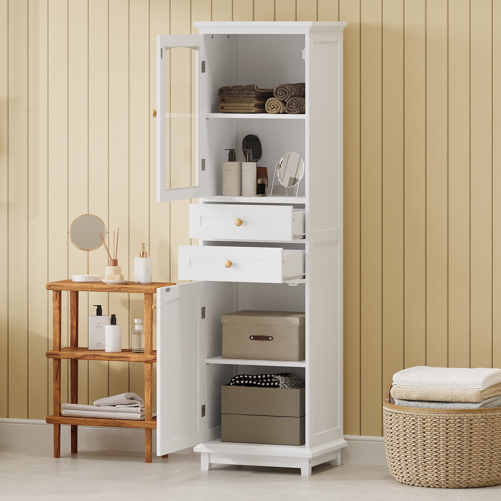 62"Tall Bathroom Storage Cabinet, Linen Closet with Glass Door,2 Drawers, Adjustable Shelves, Freestanding Wood Pantry Cabinet for Living Room,Kitchen