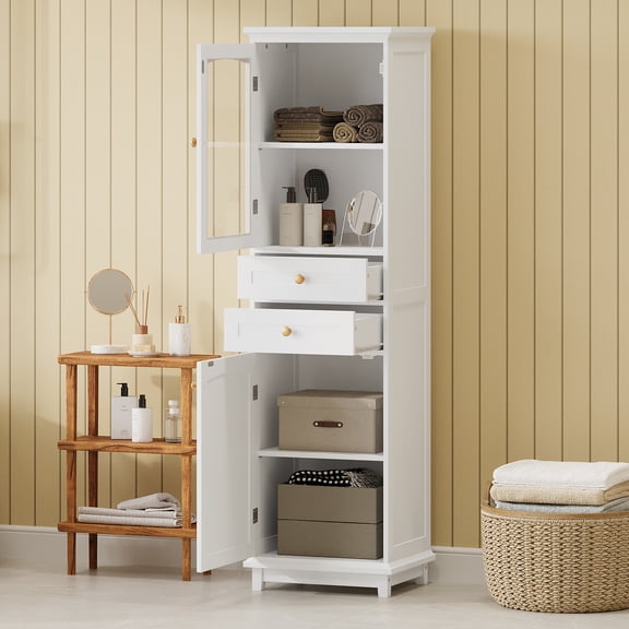 Tall Bathroom Storage Cabinet with Transparent Glass Doors, 2 Drawers and Adjustable Shelves, 63" Height MDF Board for Modern Bathrooms