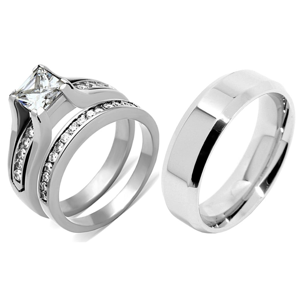 Hers and His Stainless Steel Princess Wedding Ring Set & Titanium Wedding Band 