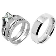 His Hers Couple One Carat Princess Square CZ Wedding Ring set Mens Flat Band- Size W5M7